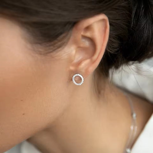 Dainty S925 gold round earrings with full zircon detail, styled for minimalist fashion and gift ideas for her