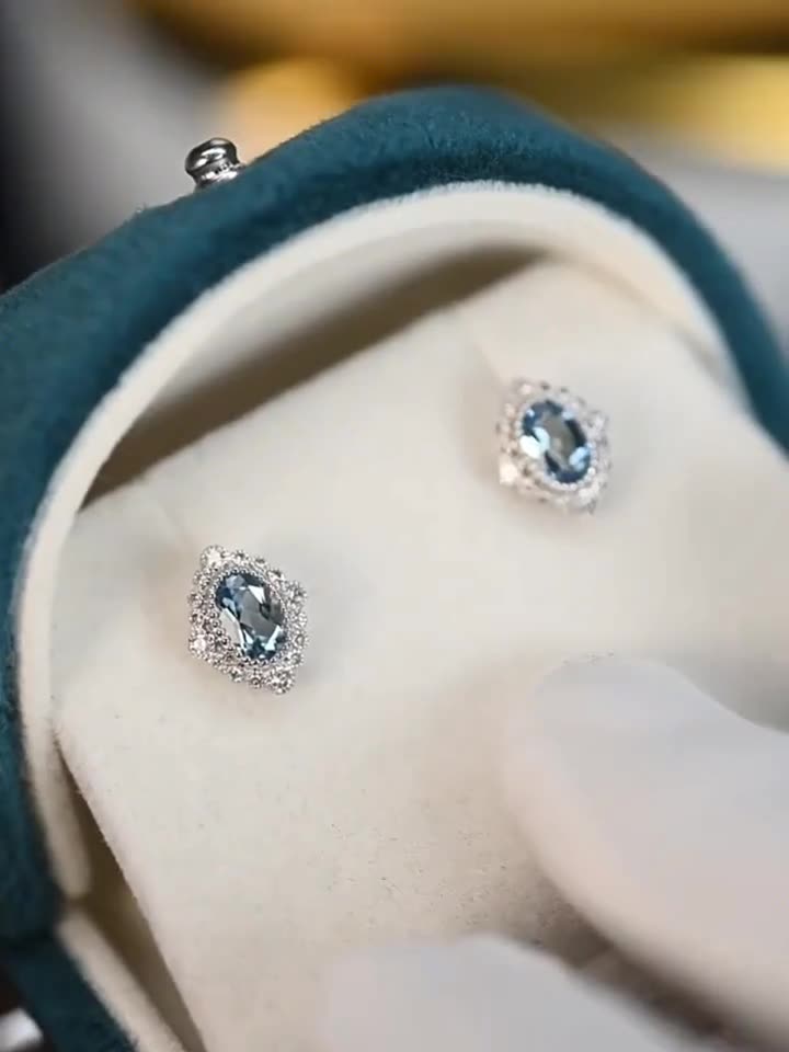 925 Sterling Silver Gold Plated Vintage Rhombus Stud Earrings with Aquamarine Cubic Zirconia (5 Pairs)