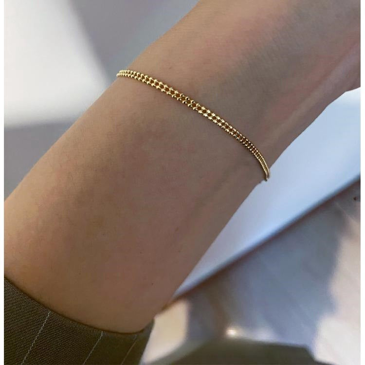 925 Sterling Silver 14K Gold Plated Minimalist Double Layer Beaded Chain Bracelet Set of 5