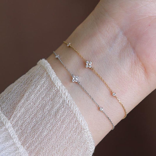 925 Sterling Silver 18K Gold Plated Mini Four-Petal Flower Cubic Zirconia Bracelet Set of 5