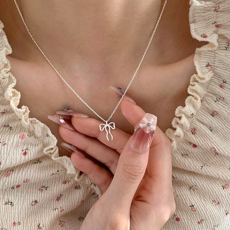 925 Sterling Silver Asymmetrical Bow Ribbon Pendant Necklace Set of 5