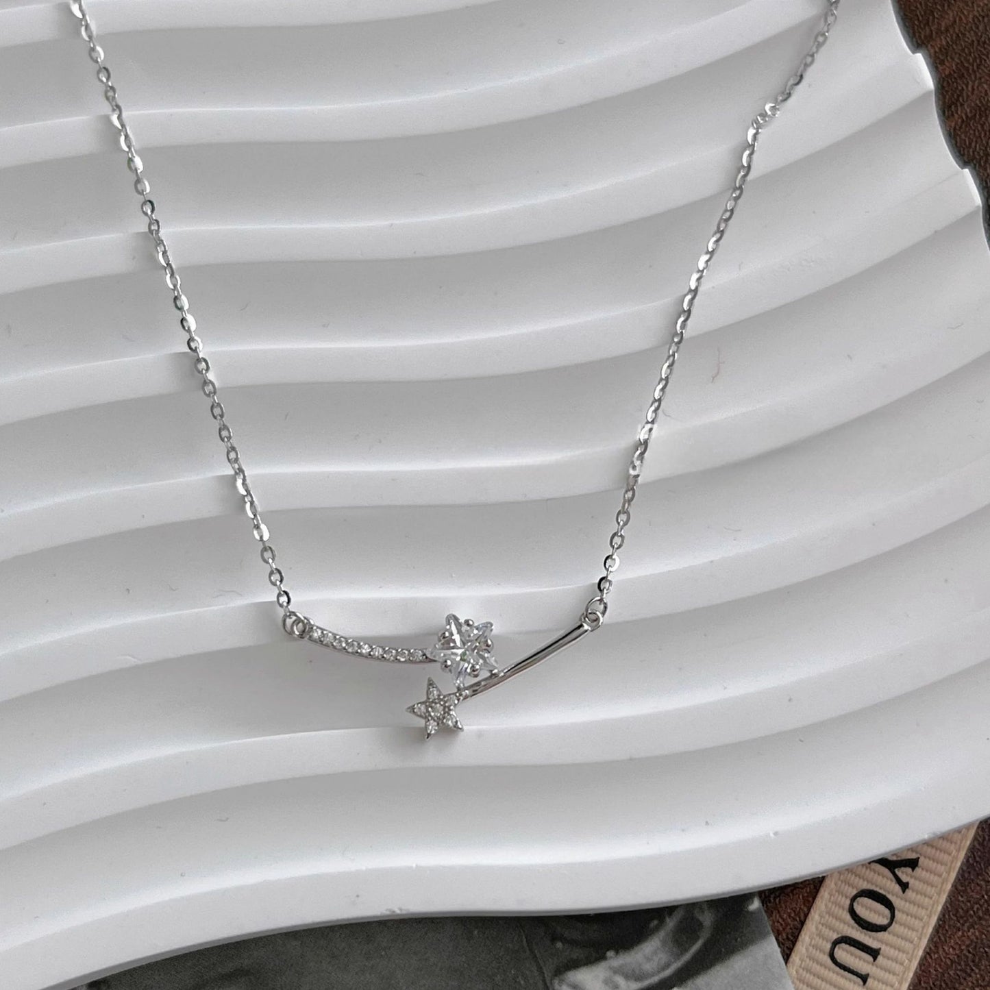925 Sterling Silver Star Pendant Necklace Cubic Zirconia Platinum Plated Set of 5