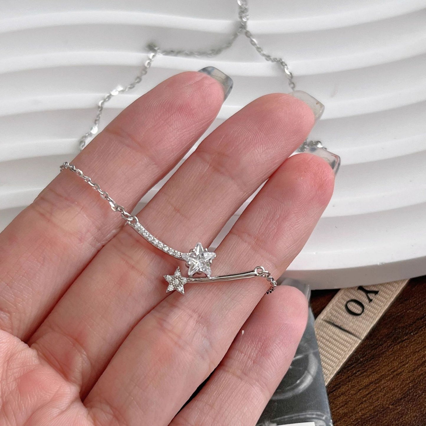 925 Sterling Silver Star Pendant Necklace Cubic Zirconia Platinum Plated Set of 5