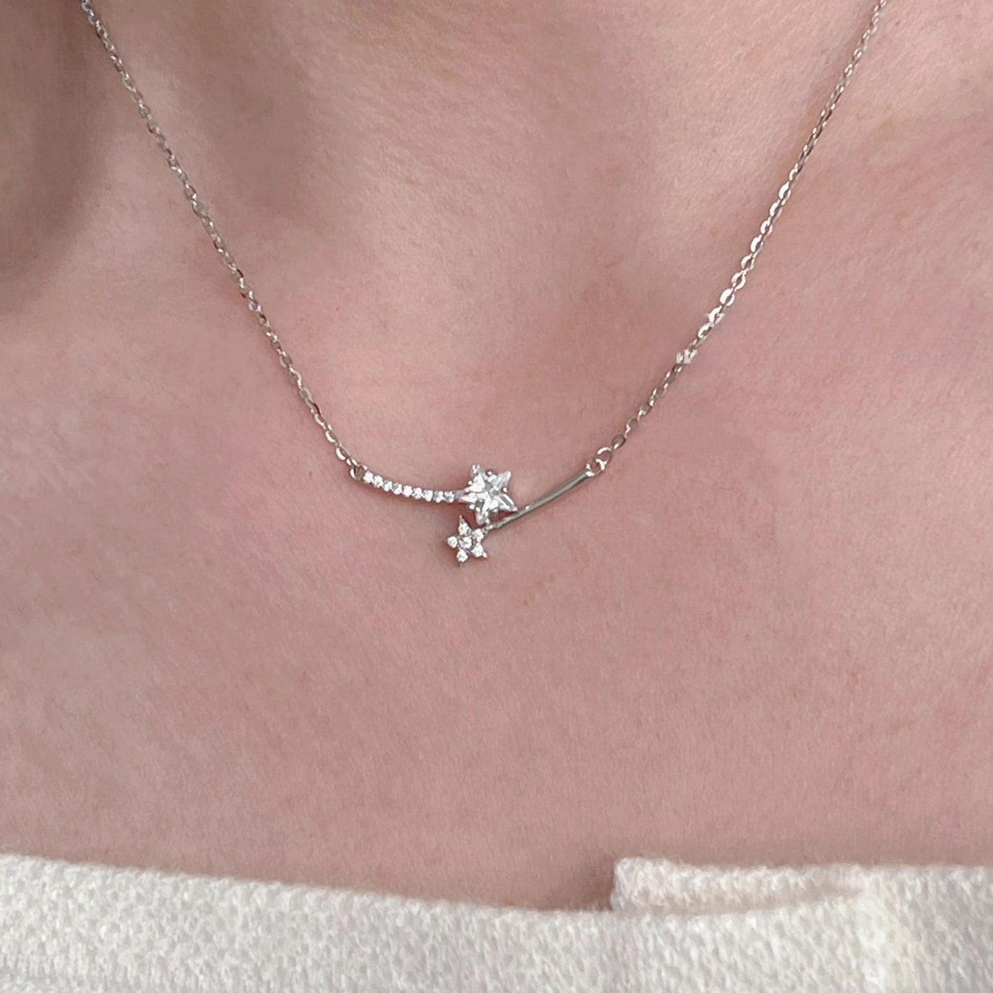 925 Sterling Silver Star Pendant Necklace Cubic Zirconia Platinum Plated Set of 5