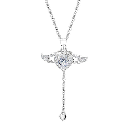 925 Sterling Silver Heart Pendant Necklace with Angel Wings Romantic Jewelry for Girlfriend