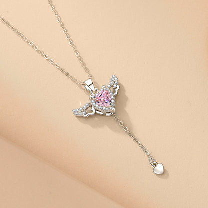 925 Sterling Silver Heart Pendant Necklace with Angel Wings Romantic Jewelry for Girlfriend
