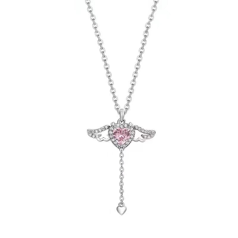 925 Sterling Silver Heart Pendant Necklace with Angel Wings Romantic Jewelry for Girlfriend