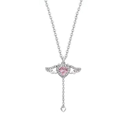 925 Sterling Silver Heart Pendant Necklace with Angel Wings Romantic Jewelry for Girlfriend