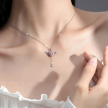 925 Sterling Silver Heart Pendant Necklace with Angel Wings Romantic Jewelry for Girlfriend