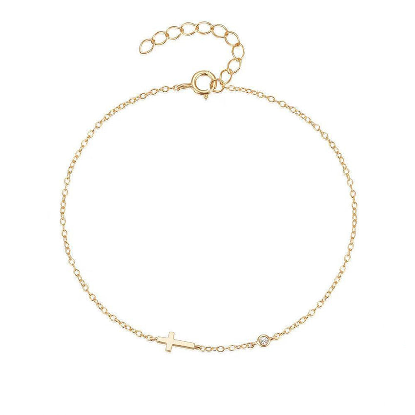 Minimalist gold cross bracelet with cubic zirconia on fine 925 sterling silver chain for women
