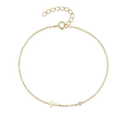 Minimalist gold cross bracelet with cubic zirconia on fine 925 sterling silver chain for women
