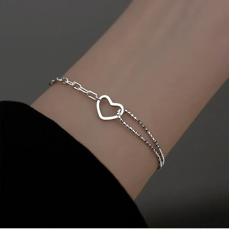 925 sterling silver open heart bracelet with dual chain design perfect gift for sister