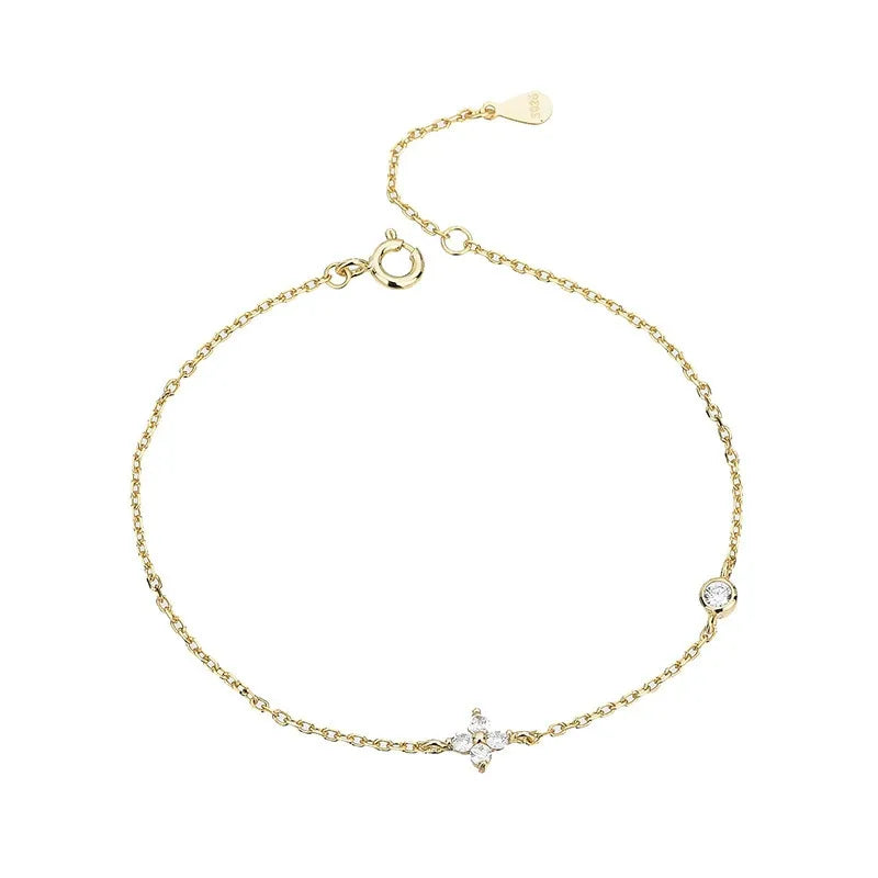 925 sterling silver four leaf clover bracelet with cubic zirconia, dainty lucky charm jewelry