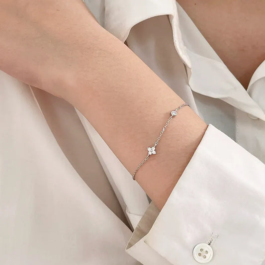 Minimalist lucky charm bracelet with CZ four leaf clover girlfriend gift idea