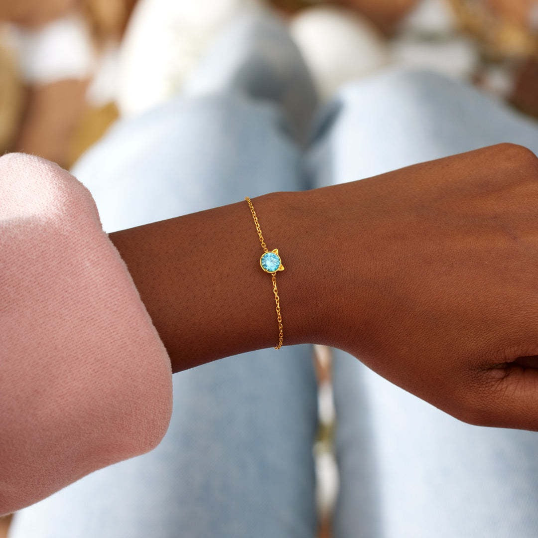 925 sterling silver cat bracelet with blue cubic zirconia, dainty birthday gift for animal lovers