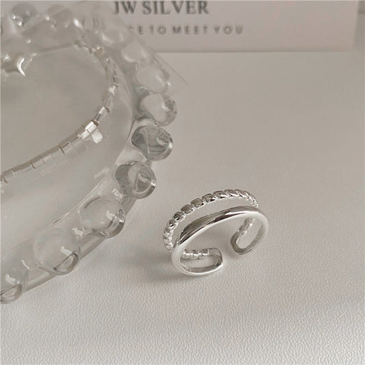 925 sterling silver adjustable double band ring with twisted chain and wave design