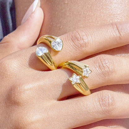 Alt text: Adjustable gold star ring with zircon for women non tarnish stainless steel fashion jewelry set of 5