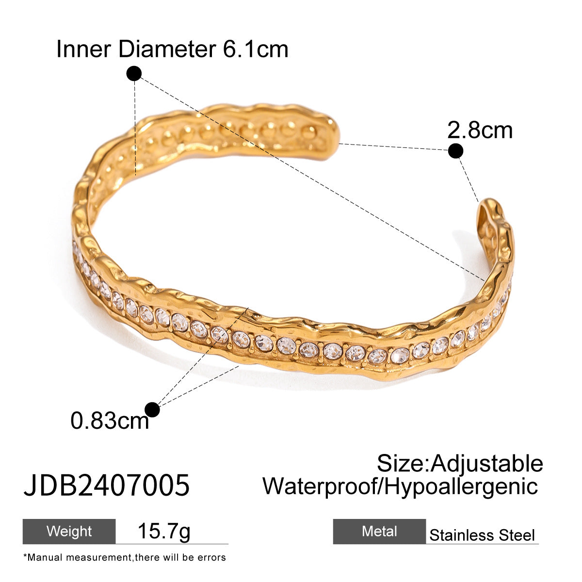 adjustable waterproof lightweight hollow open bracelet made of pvd gold plated stainless steel, featuring sparkling zircon stones for a chic and elegant look