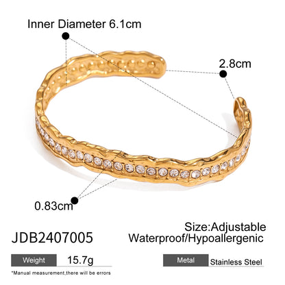 adjustable waterproof lightweight hollow open bracelet made of pvd gold plated stainless steel, featuring sparkling zircon stones for a chic and elegant look