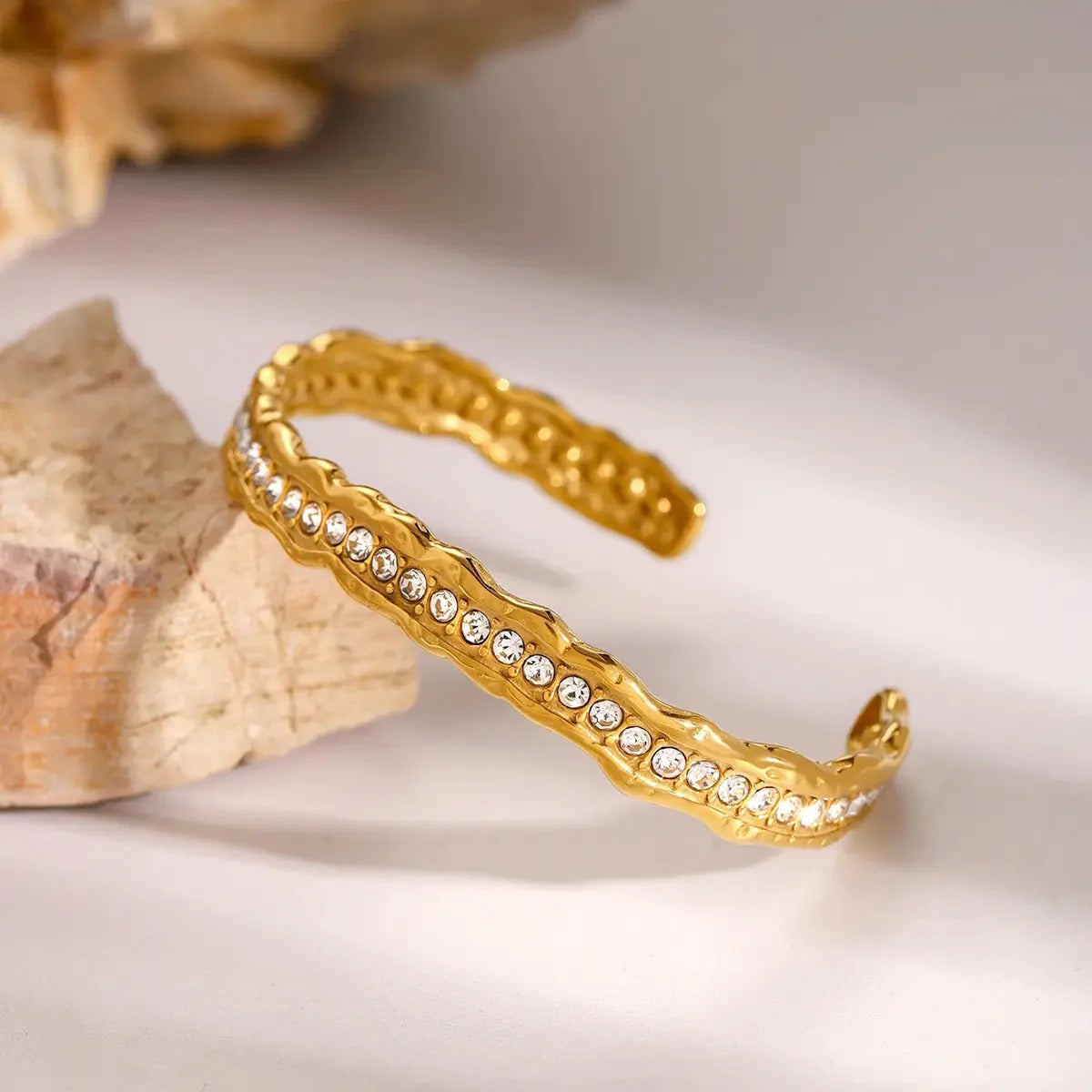 luxury jewelry stack featuring zircon stone bracelet and gold plated bangles, ideal party gift for women who love lightweight hollow open bracelet styles