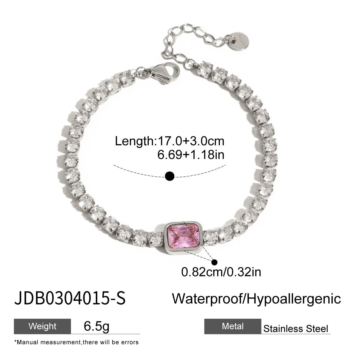 A stainless steel CZ tennis bracelet featuring a radiant pink cubic zirconia centerpiece, styled as elegant valentines jewelry for her. This pink tennis bracelet is a delicate and waterproof stainless steel gift set for her.
