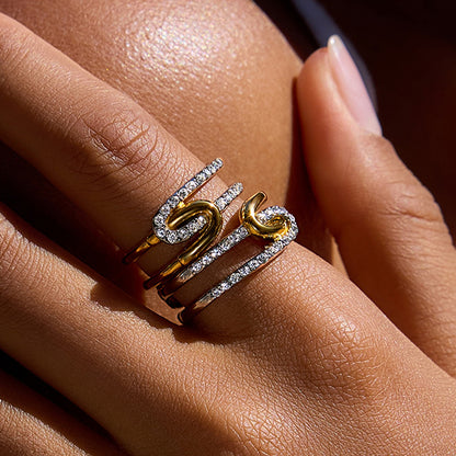 Two tone stainless steel ring with rhinestones styled for summer fashion