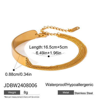 Gold stainless steel bracelet for women featuring a bold flat plate and layered chain bracelet design, perfect as a gift for her bracelet or a statement piece in any jewelry collection.