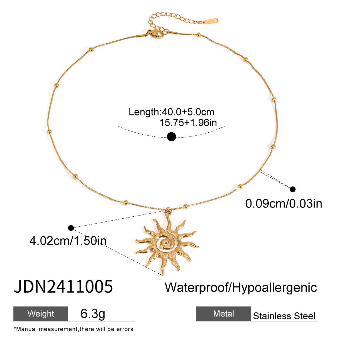 Elegant collarbone gold sun pendant necklace for women, part of gold jewelry gift set made with stainless steel waterproof hypoallergenic metal.