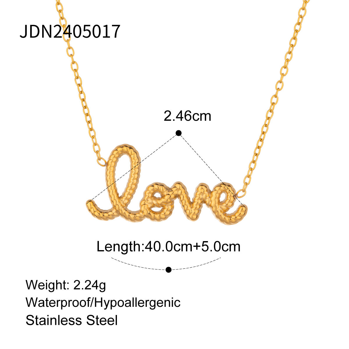 Model wearing a gold love letter necklace with dainty chain design, a romantic stainless steel waterproof choker for her.