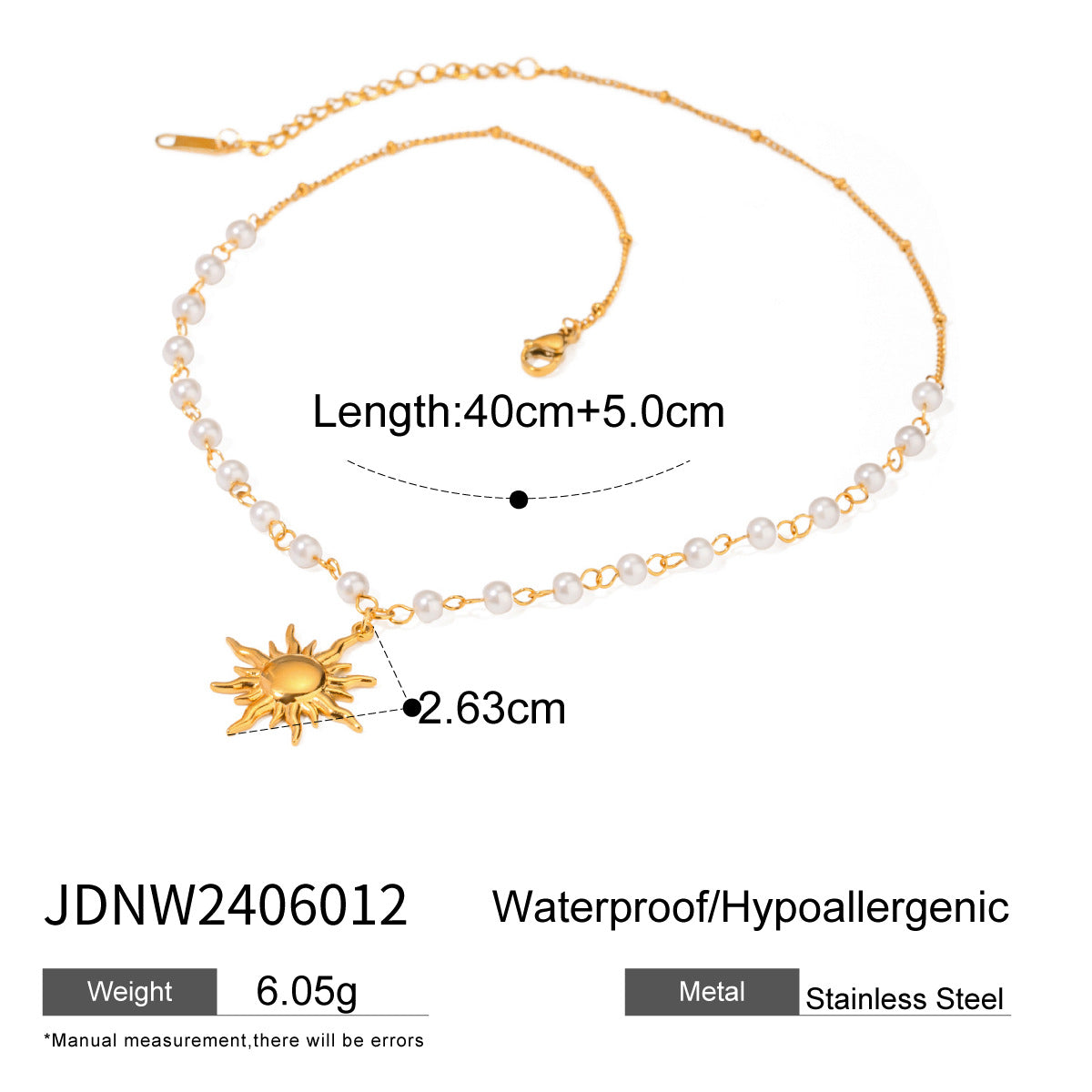 Elegant boho sun necklace featuring white pearls and gold-plated stainless steel chain, ideal for stackable necklaces for women and retro aesthetic jewelry collections. Produced by a reliable jewelry factory for bulk orders