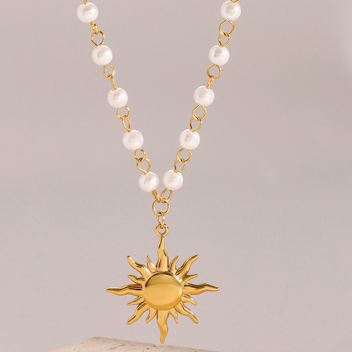 Measurement view of sun pendant pearl necklace in waterproof hypoallergenic stainless steel – great for dainty gold necklace for women and birthday gifts for her under 20. Direct from wholesale jewelry manufacturer