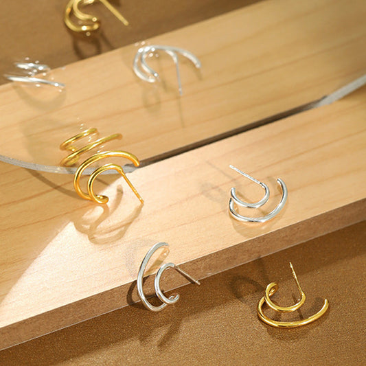 Double wire C-shape stud earrings in 925 silver for wholesale, Korean style jewelry for women, minimalist fashion perfect for bulk jewelry wholesale suppliers.