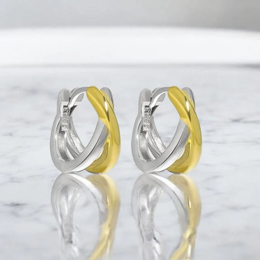 Two tone knot hoop earrings in 925 sterling silver with gold plating for women minimalist chic fashion, wholesale 925 silver jewelry.