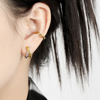 Daily wear knot hoop earrings for women, wholesale 925 sterling silver earrings in a two tone minimalist style.