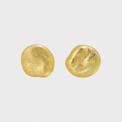 Close-up of minimalist 18k gold plated round stud earrings on model, korean stylish jewelry wholesale for women