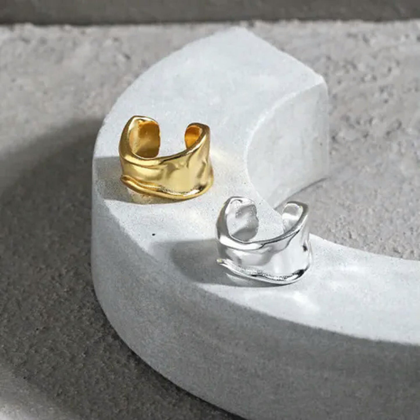 Gold and silver 925 silver wide ear cuff set on stone platform, non pierced minimalist earrings wholesale