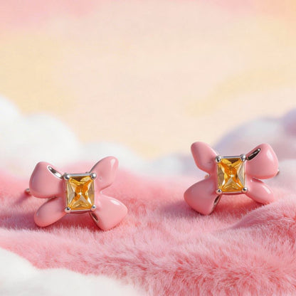 Wholesale 5 Pairs Set Brass Pink Enamel Bowknot Earrings with Yellow Cubic Zirconia Sweet Romantic Bow Studs for Daily Wear
