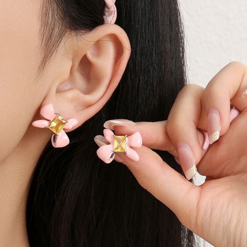 Wholesale 5 Pairs Set Brass Pink Enamel Bowknot Earrings with Yellow Cubic Zirconia Sweet Romantic Bow Studs for Daily Wear