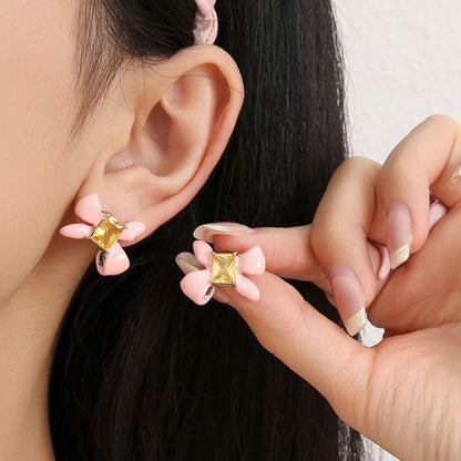 Wholesale 5 Pairs Set Brass Pink Enamel Bowknot Earrings with Yellow Cubic Zirconia Sweet Romantic Bow Studs for Daily Wear