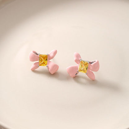 Wholesale 5 Pairs Set Brass Pink Enamel Bowknot Earrings with Yellow Cubic Zirconia Sweet Romantic Bow Studs for Daily Wear