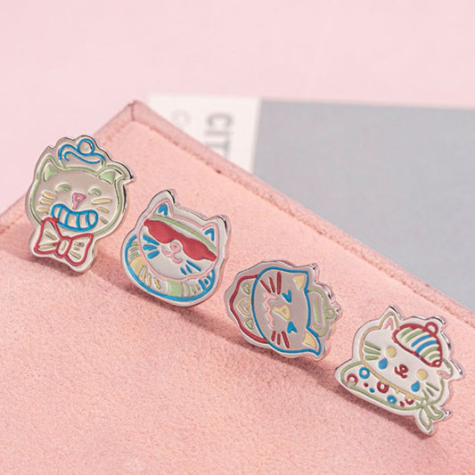Wholesale 5 Pcs Set Brass Retro Kawaii Cat Enamel Single Stud Earrings 4 Assorted Styles Individual Wear Premium Quality