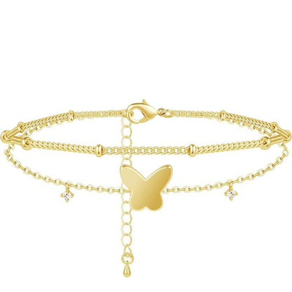 Wholesale 5 Pcs Brass Double Layer Anklets Butterfly Shell Heart Zircon
