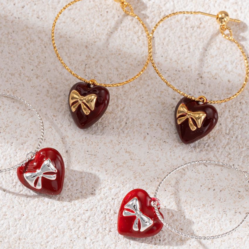 Wholesale 5 Pairs Brass Red Heart Bow Hoop Earrings Gold Silver Mix