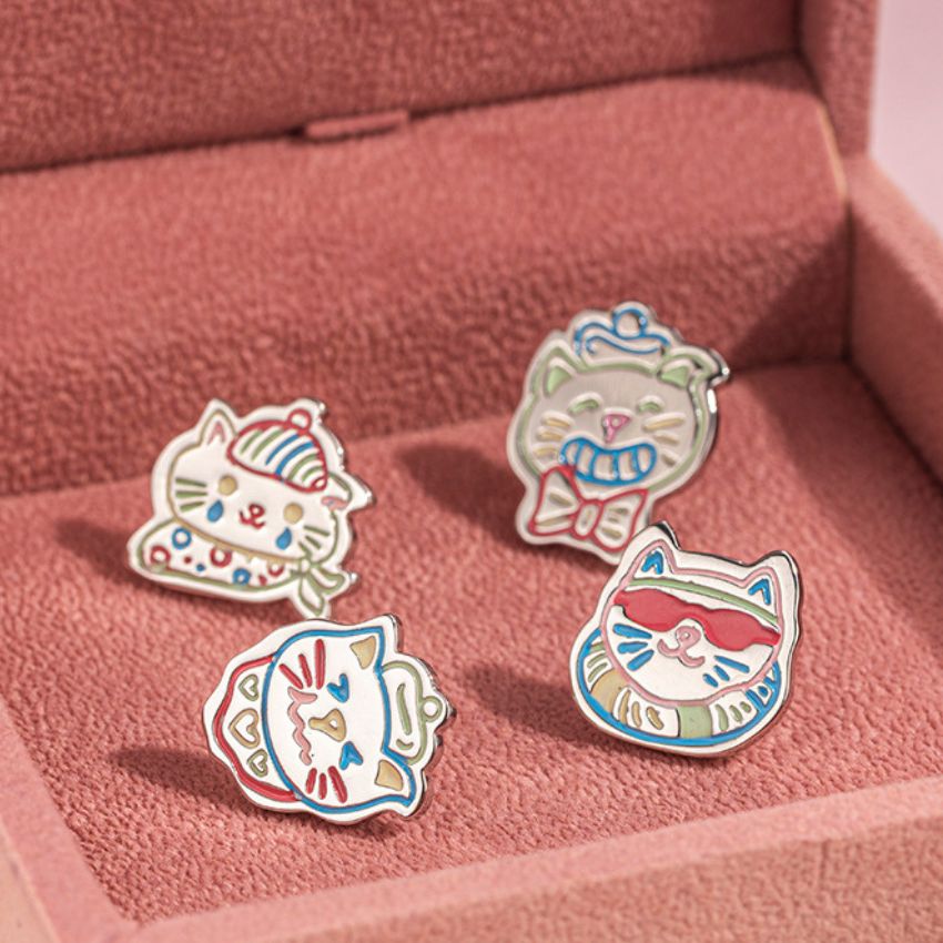 Wholesale 5 Pcs Set Brass Retro Kawaii Cat Enamel Single Stud Earrings 4 Assorted Styles Individual Wear Premium Quality