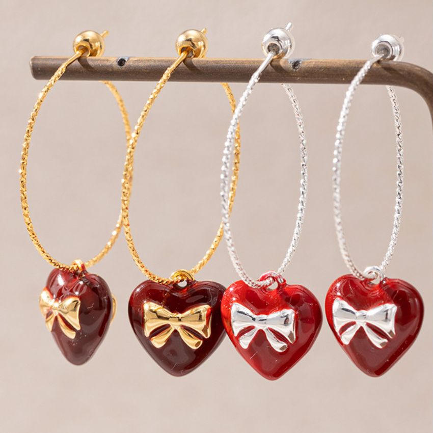 Wholesale 5 Pairs Brass Red Heart Bow Hoop Earrings Gold Silver Mix