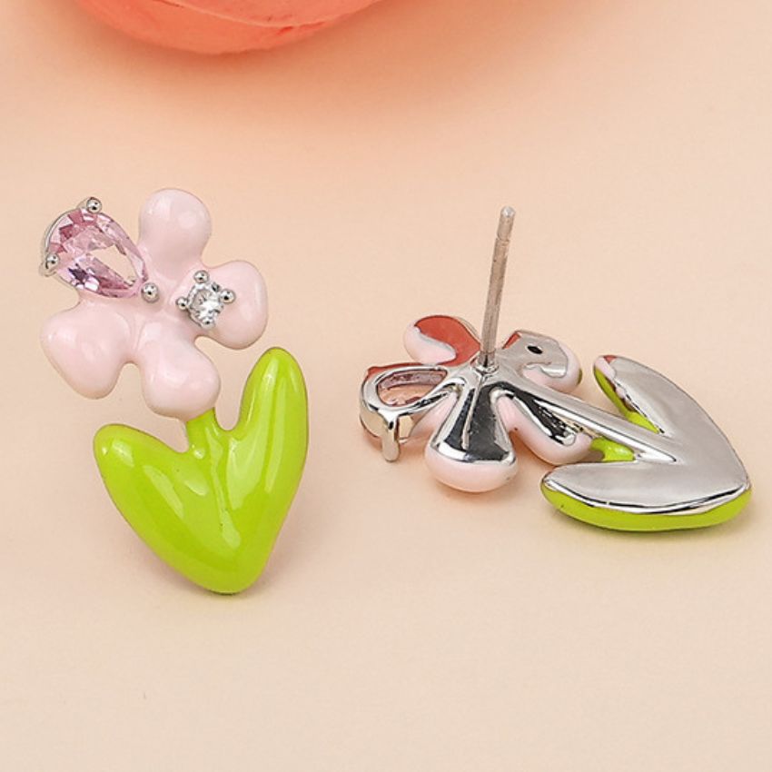 Wholesale 5 Pairs Set Brass Tulip Floral Enamel Earrings with Crystal Accents Spring Collection Resale Ready
