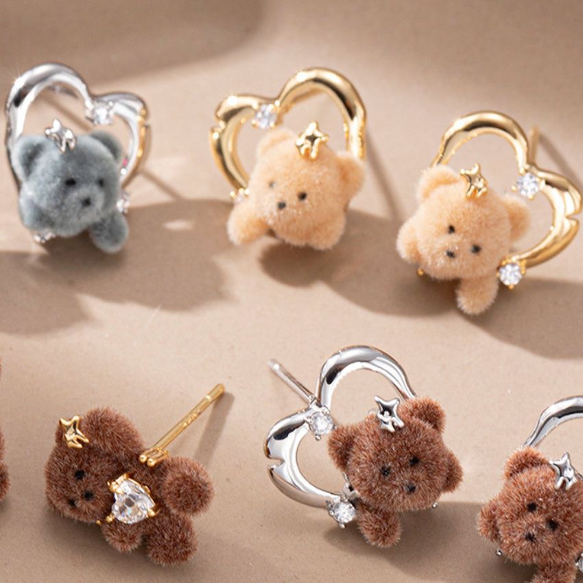 Wholesale 5 Pairs Brass Flocked Teddy Bear Heart Earrings Zircon Jewelry