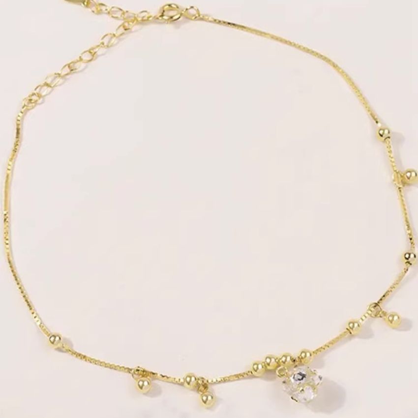 Wholesale 5 Pcs Brass Gold Bead Anklets Zircon Dangle Box Chain Jewelry