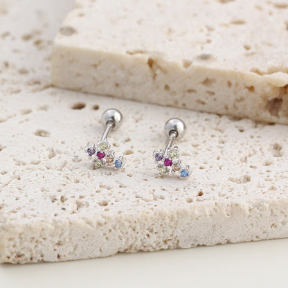 S925 sterling silver screw back cross cartilage stud earrings with colorful cubic zirconia stones