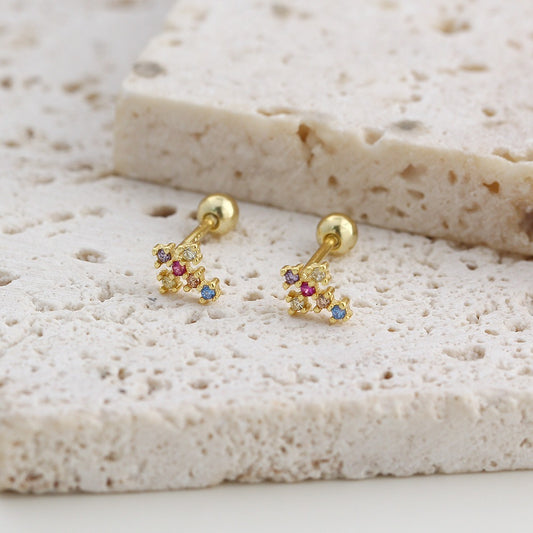 Gold tone S925 sterling silver screw back cross cartilage earrings with colorful cubic zirconia stones